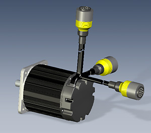 brushless servomotor showing three possible orientations of a Souriau Trim Trio wiring harness cable